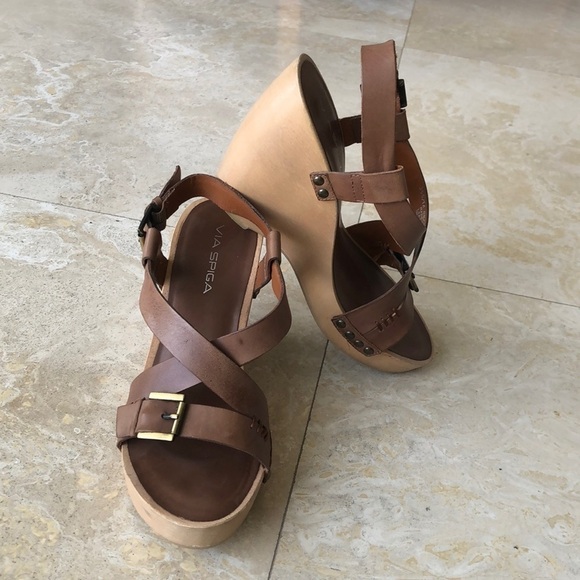 Via Spiga - Tan / Camel Leather Wedges - size 8 - Picture 1 of 8